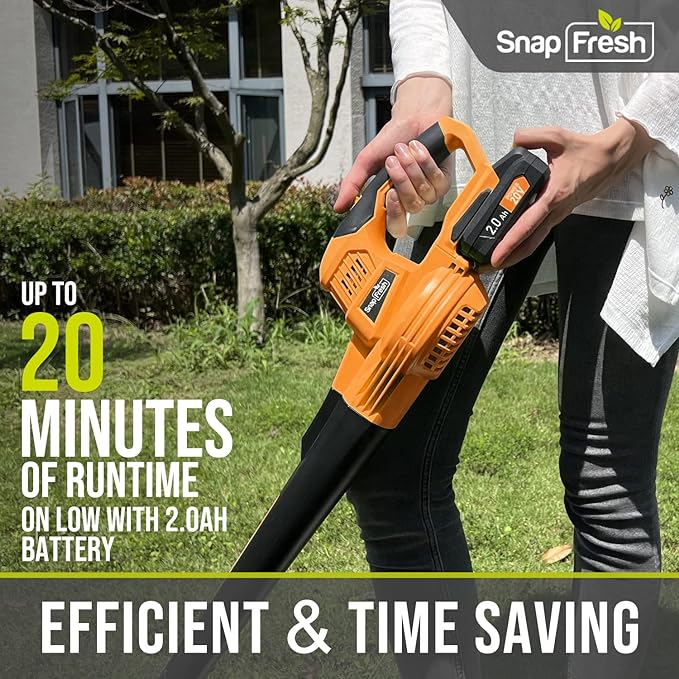 SnapFresh Cordless Leaf Blower - 20V Electric Leaf Blower with 2.0 Ah Battery and Charger - Lightweight 2-Speed Leaf Blower for Lawn Care and Yard/Garden/Patio Cleaning (Orange)