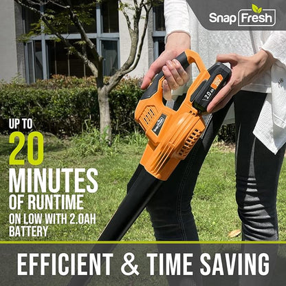 SnapFresh Cordless Leaf Blower - 20V Electric Leaf Blower with 2.0 Ah Battery and Charger - Lightweight 2-Speed Leaf Blower for Lawn Care and Yard/Garden/Patio Cleaning (Orange)