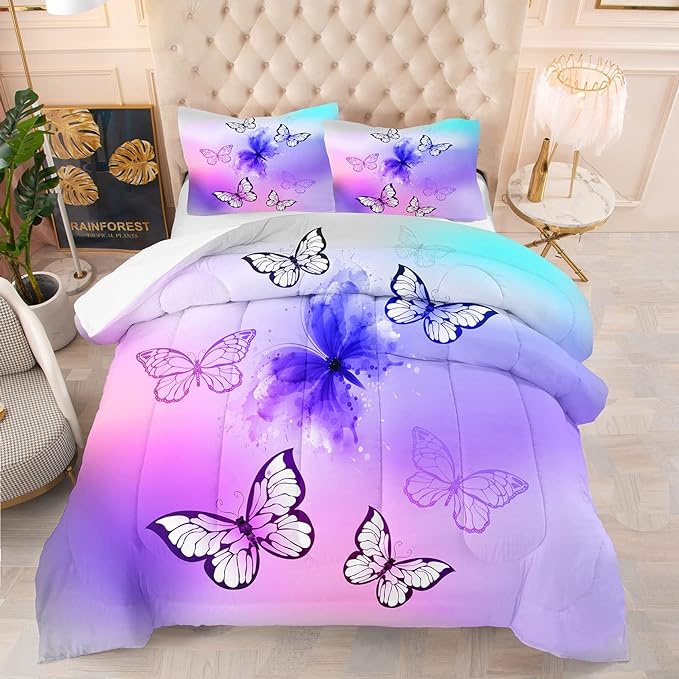 Tailor Shop Purple Butterfly Kids Full Size Comforter Sets Pink Butterfly Bedding Set for Girls Teens Tie Dye Butterflies Comforter Set Room Decor Set with 1 Comforter and 2 Pillowcase…
