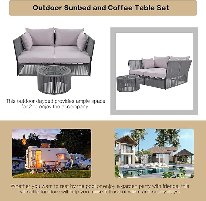 2-Piece Sunbed and Coffee Table, Patio Double Chaise Lounger Loveseat Daybed Outdoor Furniture Set for Backyard Poolside Lawn Balcony, Full, Ac-Grey