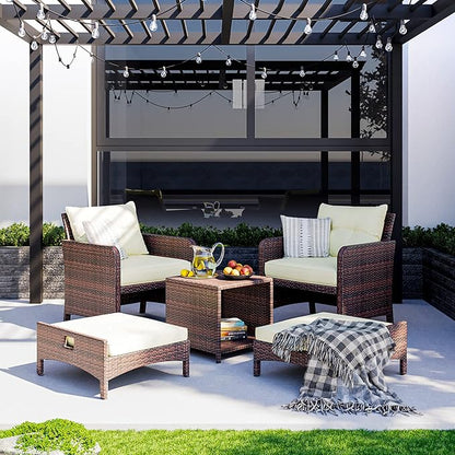 Pamapic 5 Pieces Outdoor Patio Wicker Chairs Set with Ottoman, Outside Conversation Furniture Set with Cushions and Coffee Table for Balcony Porch Lawn Garden (Cream Cushion+ Umber Rattan)