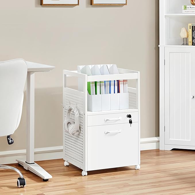 Yaheetech File Cabinets Mobile Filling Cabinet with Open Storage Shelf, Under Desk Cabinet Fits A4, Letter for Home Office(White)