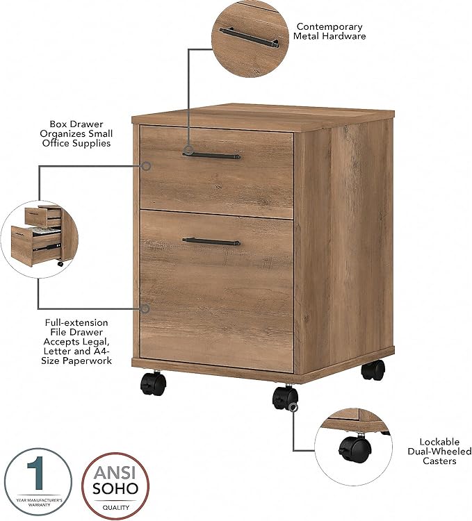 Bush Furniture Key West 60W L Shaped Desk with 2 Drawer Mobile File Cabinet in Reclaimed Pine