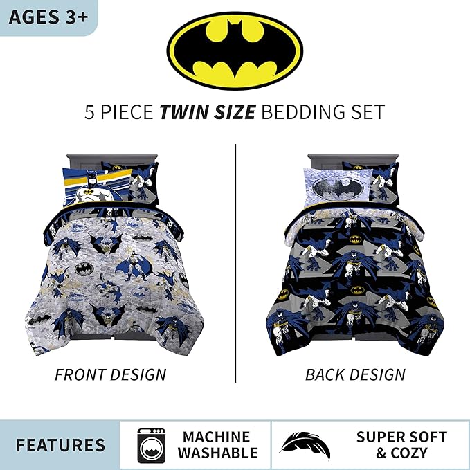 Franco Kids Bedding Super Soft Comforter and Sheet Set with Sham, 5 Piece Twin Size, Batman