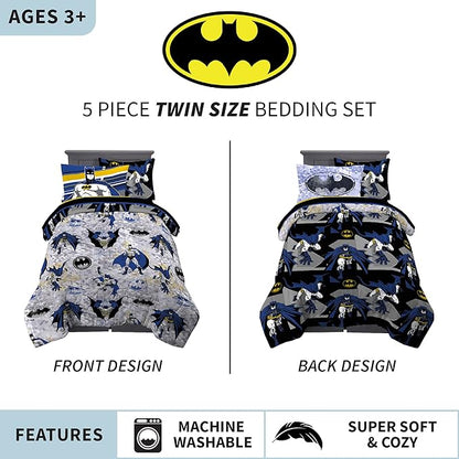 Franco Kids Bedding Super Soft Comforter and Sheet Set with Sham, 5 Piece Twin Size, Batman