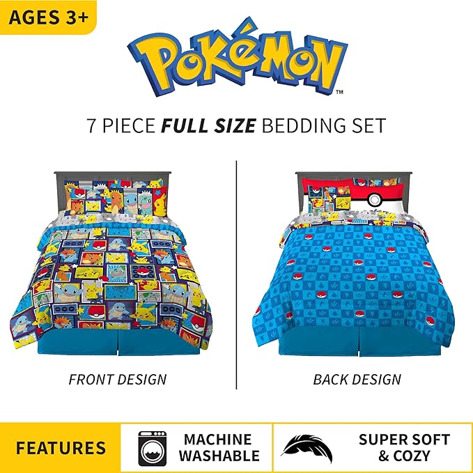 Franco Kids Bedding Super Soft Comforter and Sheet Set with Sham, 7 Piece Full Size, Pokemon