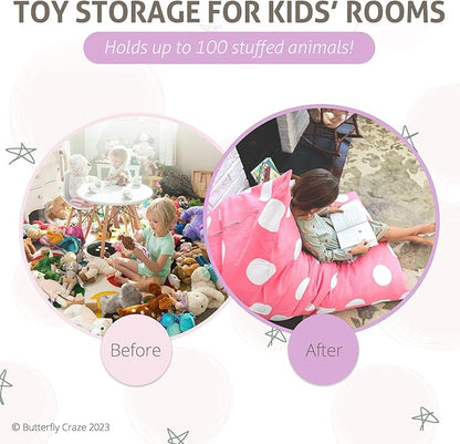 Butterfly Craze Bean Bag Chair Cover, Functional Toddler Toy Organizer, Fill with Stuffed Animals to Create a Jumbo, Comfy Floor Lounger for Boys or Girls, Stuffing Not Included, Pink Polka Dots