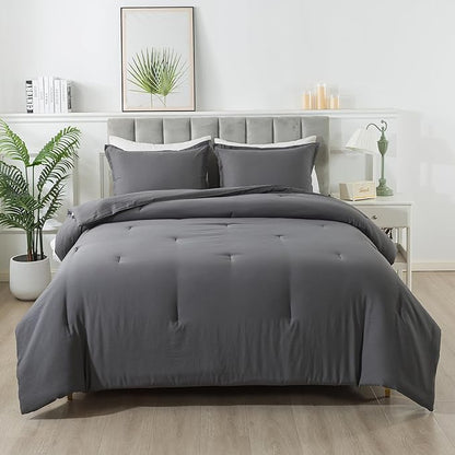 Dark Gray Comforter Set Full, Solid Grey Down Alternative Bedding Comforter Set, Breathable Fluffy Microfiber Comforter Full Size (79"x90") for All Seasons with Pillowcase