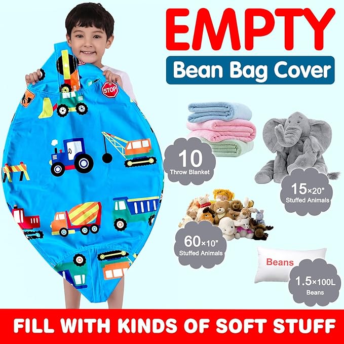 Lukeight Stuffed Animal Storage Bean Bag Chair Cover for Kids, Zipper Beanbag Chair Cover for Organizing Toddler & Kids' Rooms Plush Toys (Construction Velvet, Large)