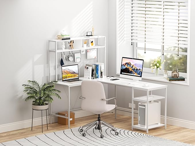 L Shaped Desk with Hutch - 67" L Shaped Gaming Desk with LED Lights, Corner Computer Desk with Storage Shelves, L Shaped Office Desk with Pegboard, White