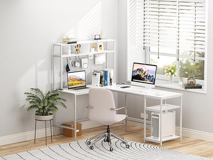 L Shaped Desk with Hutch - 67" L Shaped Gaming Desk with LED Lights, Corner Computer Desk with Storage Shelves, L Shaped Office Desk with Pegboard, White