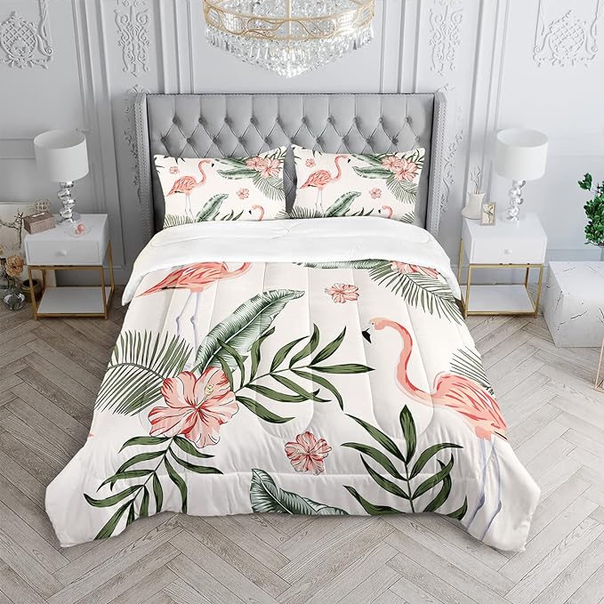 Flamingo Comforter Set Full Size Tropical Flamingo Palm Tree Leaf Pattern Bedding Set Flower Quilted Duvet for Kids Girls Boys Adult with 1 Comforter and 2 Pillowcases