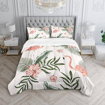 Flamingo Comforter Set Twin Size Tropical Flamingo Palm Tree Leaf Pattern Bedding Set Flower Quilted Duvet for Kids Girls Boys Adult with 1 Comforter and 2 Pillowcases