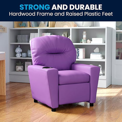 Flash Furniture Chandler Vinyl Kids Recliner with Cup Holder and Safety Recline, Contemporary Reclining Chair for Kids, Supports up to 90 lbs., Lavender