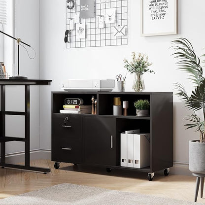 YITAHOME Wood File Cabinet, 2 Drawer Mobile Lateral Storage Cabinet Printer Stand with Lock and Open Storage Shelves for Home Office, Black,Drawers without Hanging Bars