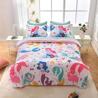 Wajade Kids Mermaids Comforter Set Bed in A Bag Twin Size 7 Piece Colorful 3D Cartoon Mermaids Bedding Set for Girls (1 Comforter, 1 Flat Sheet, 1 Fitted Sheet, 2 Pillowcase and 2 Pillow Sham)