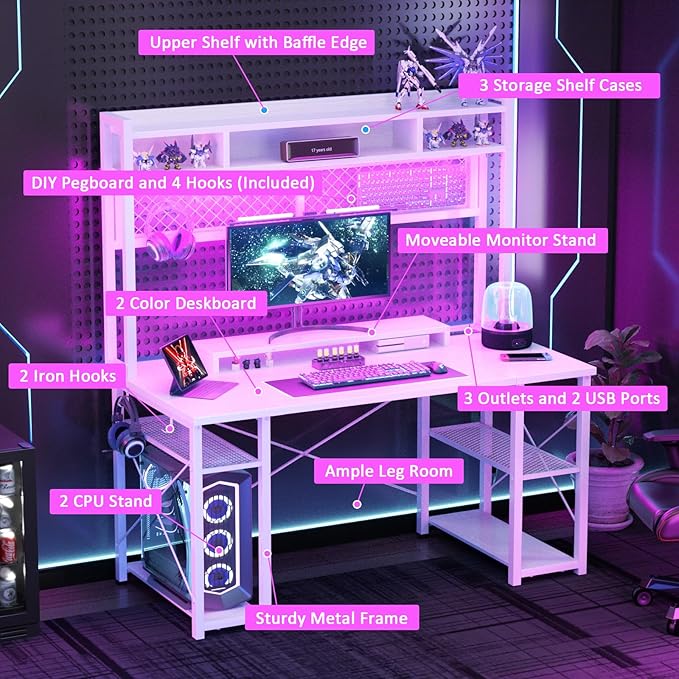 armocity 2024 Upgrade Gaming Desk with Hutch, 48'' Magic Computer Desk with LED Lights and Outlets, Reversible Workstation Desk with Pegboard and Monitor Stand, 48 Gamer Desk PC Table, White
