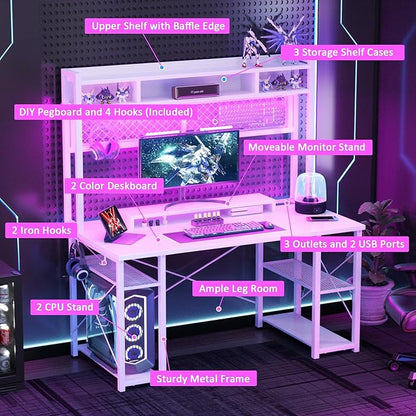 armocity 2024 Upgrade Gaming Desk with Hutch, 48'' Magic Computer Desk with LED Lights and Outlets, Reversible Workstation Desk with Pegboard and Monitor Stand, 48 Gamer Desk PC Table, White