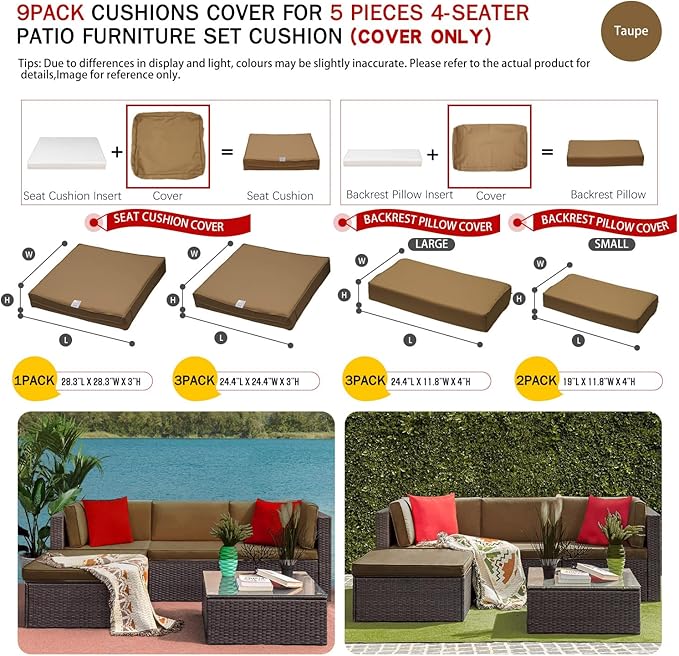 ClawsCover 9Pack Outdoor Seat and Back Cushions Replacement Covers Fit for 5 Pieces 4-Seater Wicker Rattan Patio Conversation Set Sectional Couch Furniture,Taupe-Include Covers Only(Small)