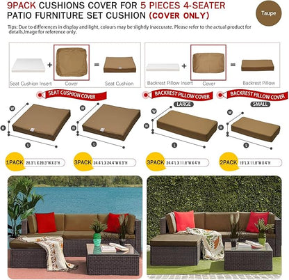 ClawsCover 9Pack Outdoor Seat and Back Cushions Replacement Covers Fit for 5 Pieces 4-Seater Wicker Rattan Patio Conversation Set Sectional Couch Furniture,Taupe-Include Covers Only(Small)