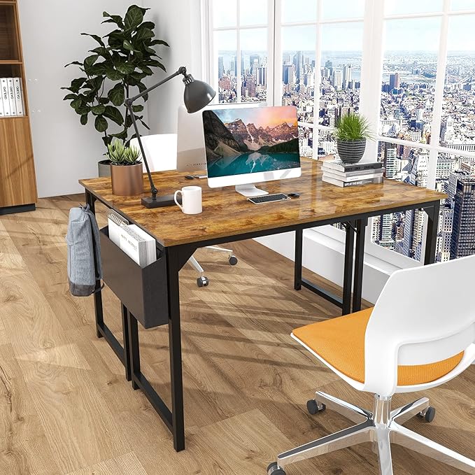 Computer Desk Small Office Desk 40 Inch Writing Desks Small Space Desk Study Table Modern Simple Style Work Table with Storage Bag Headphone Hook Wooden Tabletop Metal Frame for Home, Bedroom