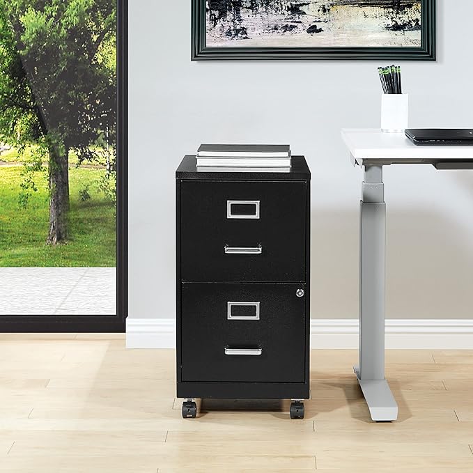 OSP Home Furnishings 2 Drawer Mobile Locking Metal File Cabinet, Black