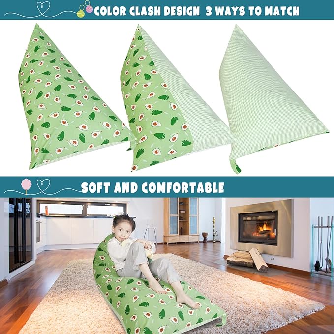 Stuffed Animal Storage Bean Bag Chair Cover, Cotton Green Avocado Plush Toy Storage Stuff and Sit Seat for Kids/Teens/Adults, 52" x 31" Extra Large Triangle Floor Sofa, 200L/52Gal, Cover Only