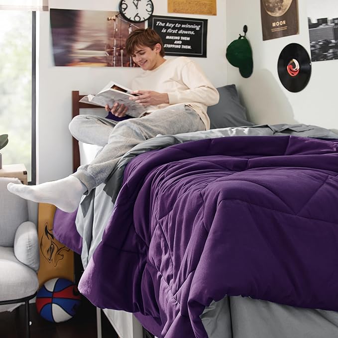 Bedsure Purple Twin XL Comforter Sets - 5 Pieces Reversible Twin XL Bedding Sets, Bed Sets Comforters, Sheets, Pillowcase & Sham, Grey XL Twin Bed in a Bag for College