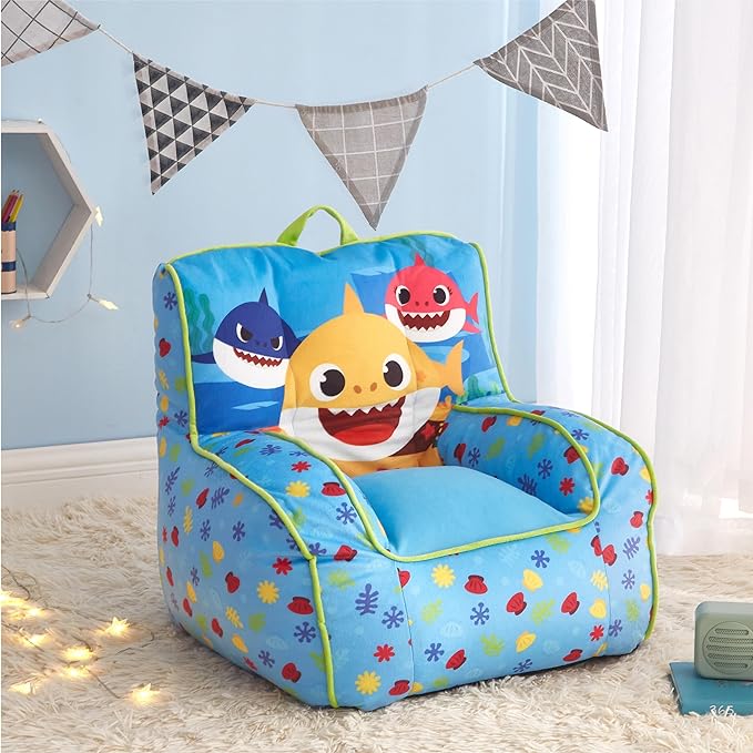 Idea Nuova Baby Shark Kids Mink Plush Bean Bag Chair with Piping & Top Carry Handle, Large