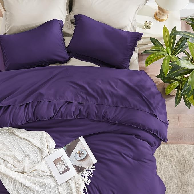 Andency Purple Comforter Set Full, 3 Pieces Boho Tassel Lightweight Bedding Comforter Sets, All Season Soft Fluffy Fringe Bed Set (79x90In Comforter & 2 Pillowcases)
