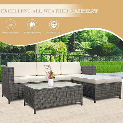 5 Piece Outdoor Patio Sectional Furniture Set, Weather Resistant Rattan Outside Couch, Waterproof Conversation Sofa for Balcony, Porch, Backyard, Deck, Garden,Beige