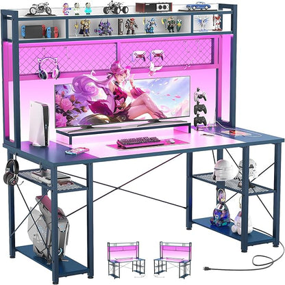 armocity 2024 Upgrade Gaming Desk with Hutch, 55.2'' Magic Computer Desk with LED Lights and Outlets, Reversible Workstation Desk with Pegboard and Monitor Stand, Gamer Desk PC Table, White and Blue