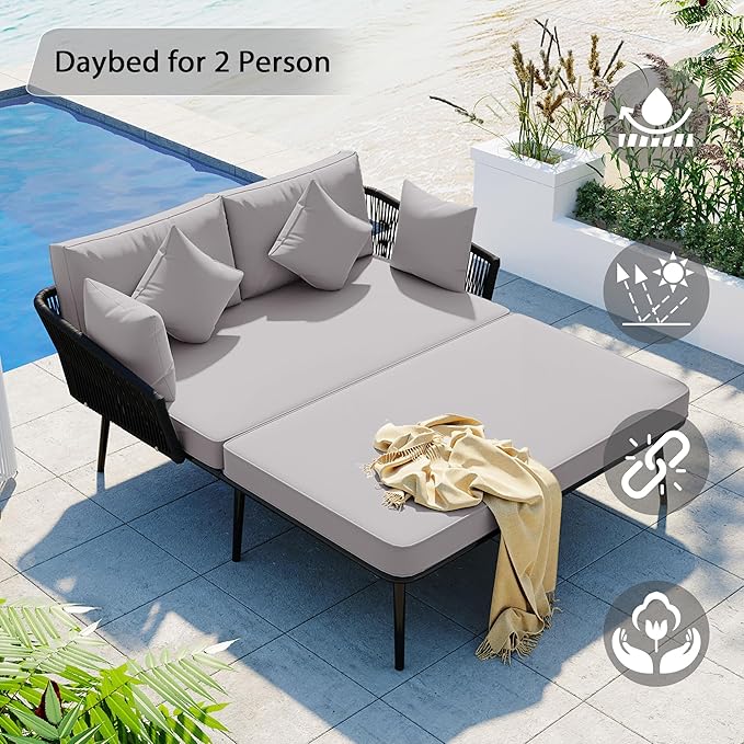Patio Daybed Set for 2, Outdoor Furniture All-Weather Sofa Sunbed with Adjustable Iron Feet, Woven Nylon Rope Backrest, Washable Cushions and Pillows, for Balcony, Poolside, Gray