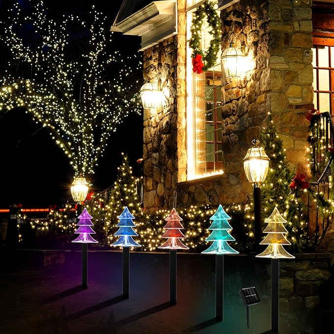 Christmas Solar Pathway Lights, Set of 5 Waterproof Landscape Christmas Lights, Stake Christmas Decorations, LED Lights for Yard Lawn Patio Walkway Decor (5PCS-Multi Colors-Tree)
