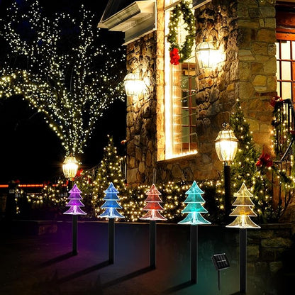 Christmas Solar Pathway Lights, Set of 5 Waterproof Landscape Christmas Lights, Stake Christmas Decorations, LED Lights for Yard Lawn Patio Walkway Decor (5PCS-Multi Colors-Tree)