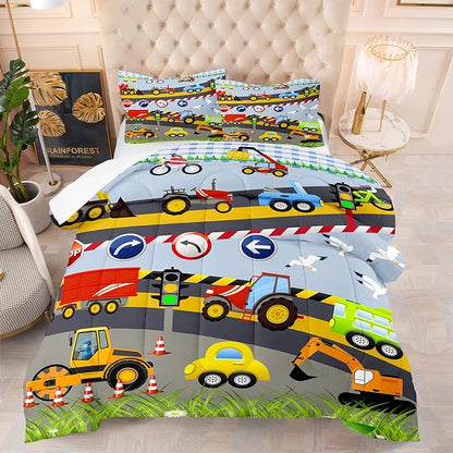 Tailor Shop Construction Vehicle Truck Kids Comforter Set Twin Size，Cartoon Excavator Bedding Sets Comforter Cover for Boys Childs Teens ，Tractor Mixer Room Decor with 1 Comforter 1 Pillowcases…