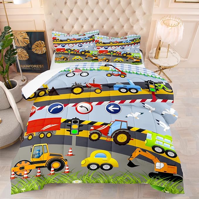 Tailor Shop Construction Vehicle Truck Comforter Set Queen Size，Cartoon Excavator Bedding Sets Comforter Cover for Boys Childs Kids Teens ，Tractor Mixer Room Decor with 1 Comforter 2 Pillowcases