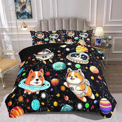 Dog Full Comforter Set for Boys Outer Space Dog Bedding Set Cute Cartoon Dog Astronaut Prints Bedding Kids Comforter Sets 3 Pieces Funny Space Dog Full Size Quilt Set with 2 Pillowcases