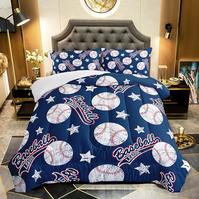 3D Baseballs Comforter King Size,Blue Baseball Kids Comforter Set,3Pcs Bedding Set Printed Comforter with 2 Pillowcases,Down Alternative,Soft and Lightweight,for All Seasons