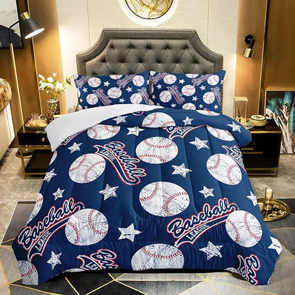 3D Baseballs Comforter Queen Size,Blue Baseball Kids Comforter Set,3Pcs Bedding Set Printed Comforter with 2 Pillowcases,Down Alternative,Soft and Lightweight,for All Seasons