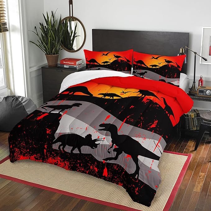 Cartoon Dinosaur Comforter Set Twin 3Pc Kawaii Dinosaur Bedding Set All Season with Tree, Leaf Decoration includes 1 Comforter, 2 Pillowcases for Kids Girls Teens