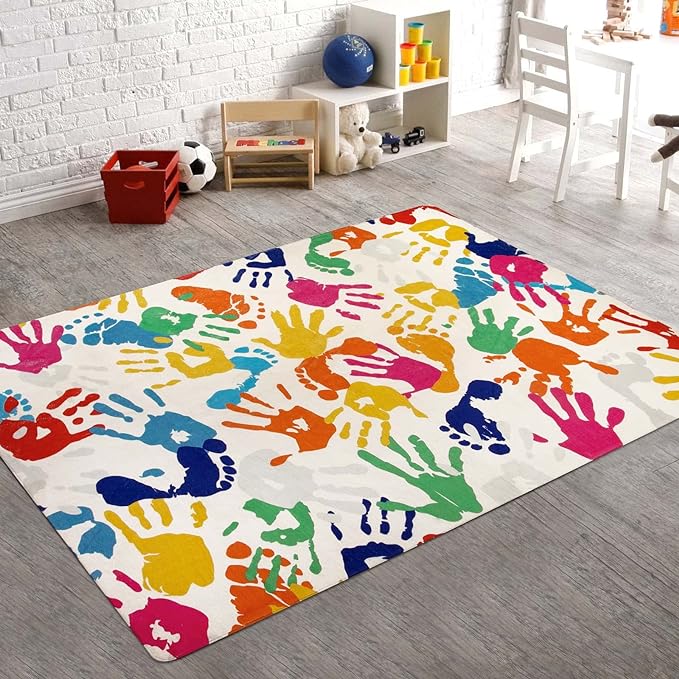 Handprints and Footprints Kids Rug Play Carpet, 4'x6' Washable Colorful Area Rug for Nursery Room, Ultra Soft Non-Slip Indoor Play Mat for Bedroom Playroom Classroom