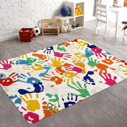 Handprints and Footprints Kids Rug Play Carpet, 4'x6' Washable Colorful Area Rug for Nursery Room, Ultra Soft Non-Slip Indoor Play Mat for Bedroom Playroom Classroom