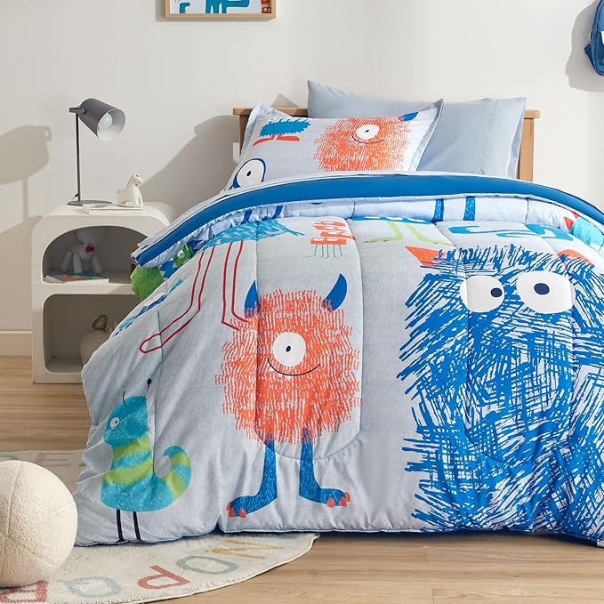 SLEEP ZONE Kids Bedding Comforter Set Full/Queen Size - Super Cute & Soft Kids Bedding 7 Pieces Set with Comforter, Sheet, Pillowcase & Sham (Monster)