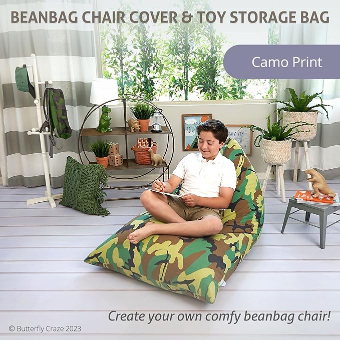 Butterfly Craze Bean Bag Chair Cover, Functional Toddler Toy Organizer, Fill with Stuffed Animals to Create a Jumbo, Comfy Floor Lounger for Boys or Girls, Stuffing Not Included, Camo