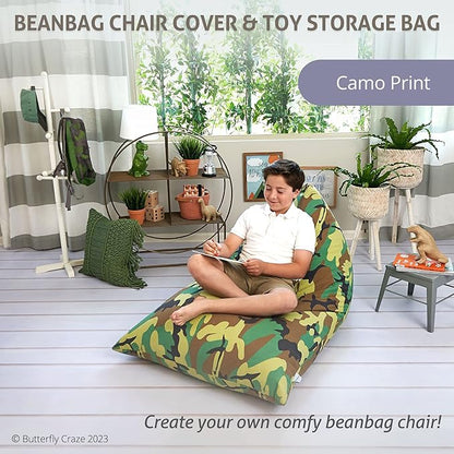 Butterfly Craze Bean Bag Chair Cover, Functional Toddler Toy Organizer, Fill with Stuffed Animals to Create a Jumbo, Comfy Floor Lounger for Boys or Girls, Stuffing Not Included, Camo