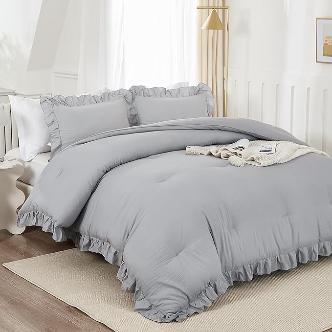Andency Silver Gray Comforter Set Queen Size, 3 Pieces Shabby Chic Ruffle Bedding Comforter Sets for Queen Bed, Lightweight Fluffy Soft Microfiber Farmhouse Comforter Set