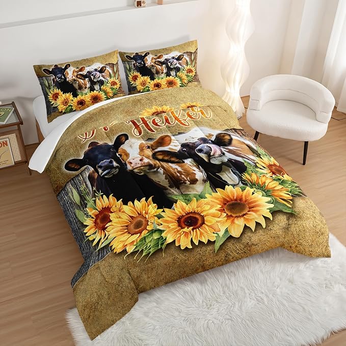 HOSIMA Farmhouse Animal Cow Comforter Western Bedding Sets,Sunflower Comforter for Girls Boys Teens,Cow Print Bedding Room Decor,Floral King Size Comforter Set with 2 Pillowcases.