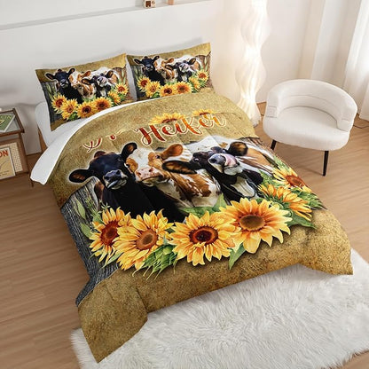 HOSIMA Farmhouse Animal Cow Comforter Western Bedding Sets,Kids Sunflower Comforter Twin Bed in a Bag for Girls Boys,Cow Print Bedding Room Decor,Floral Comforter Set with 2 Pillowcases.