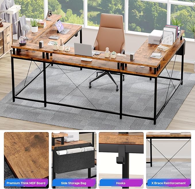 U Shaped Computer Gaming Desk, Reversible L Shaped Desk with Power Outlets, LED Strip & Monitor Stand, Large Corner Desk with Storage Shelves for Home Office, Rustic Brown